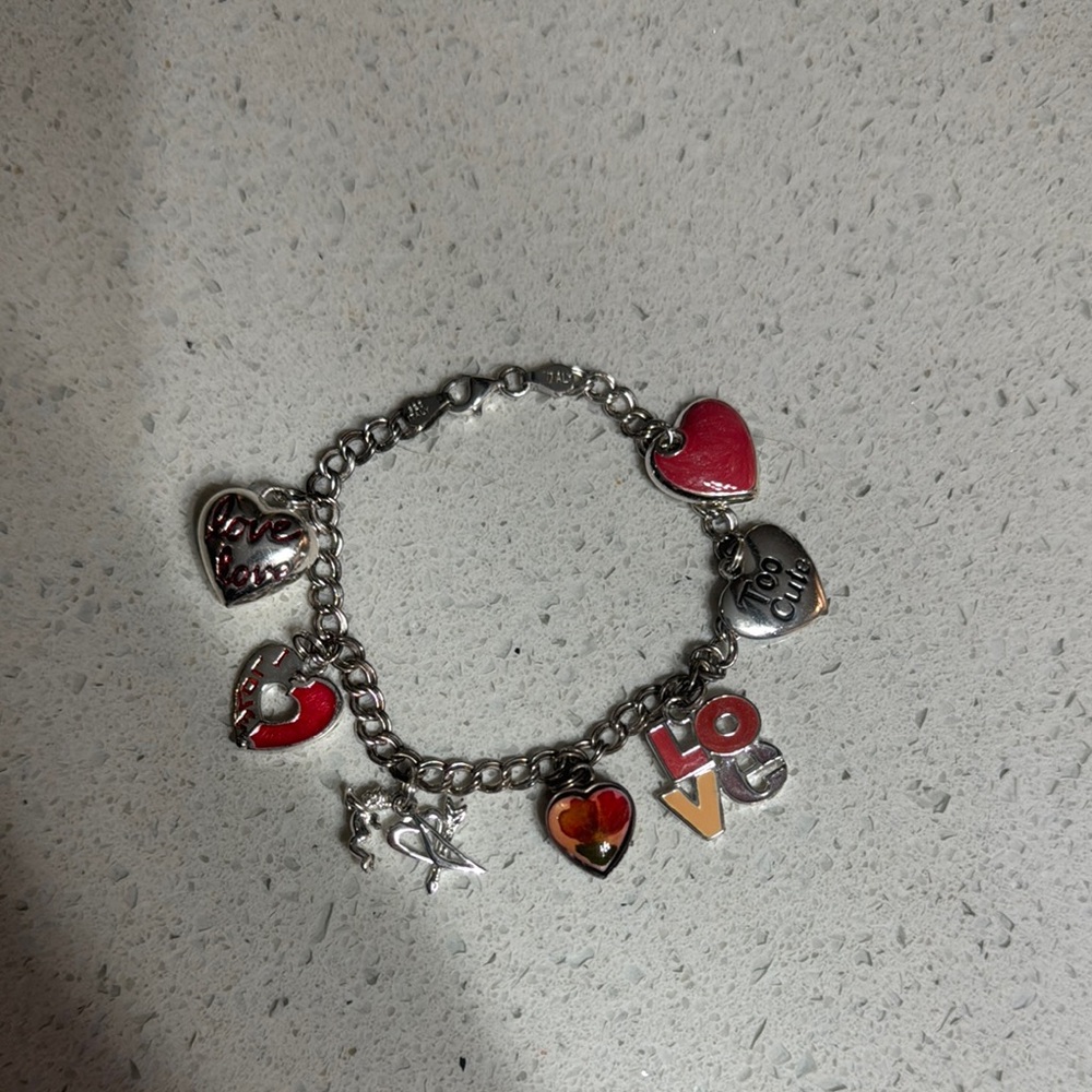 Silver Heart Charm Bracelet with Red Accents